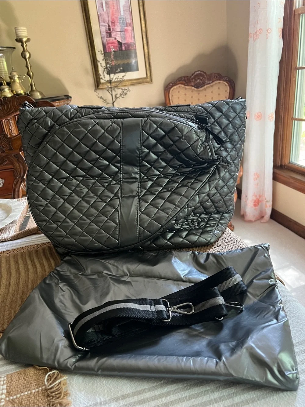 Oliver Thomas Quilted Black Tote Tennis Bag with Detachable Strap and Pouch.